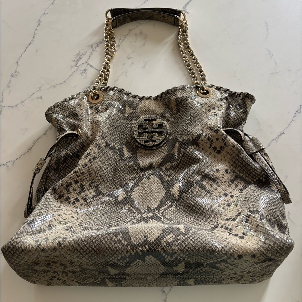 Tory Burch Beige Taupe Snake-Print Chain-Handle Tote